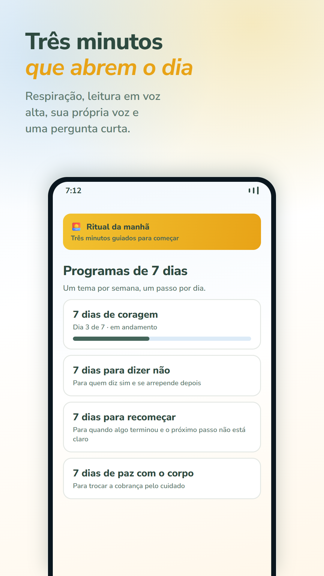 Tela do Desperte com ritual da manhã e programas guiados de 7 dias