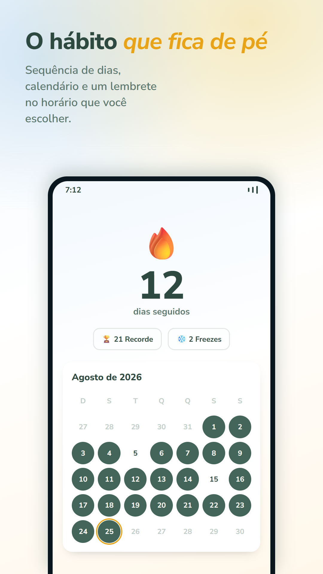 Tela do Desperte com sequência de dias e calendário de prática