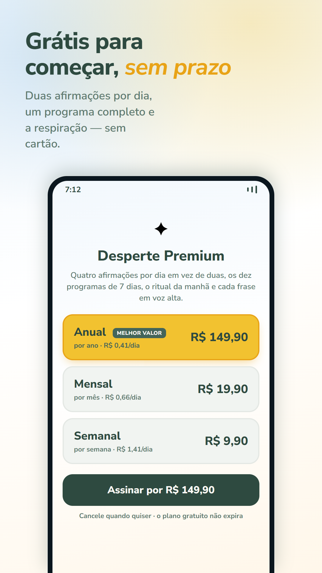 Tela do Desperte com o plano gratuito e as opções do Desperte Premium